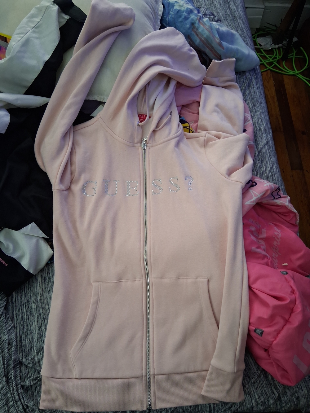 Guess Girls Pale Pink Rhinestone Logo Zip Hoodie